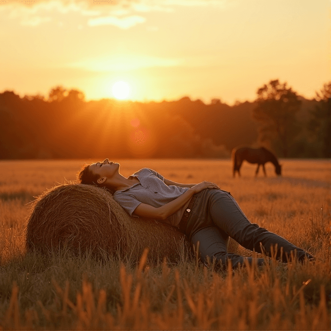 A person reclines against a hay bale in a field during sunset, with a horse grazing nearby.