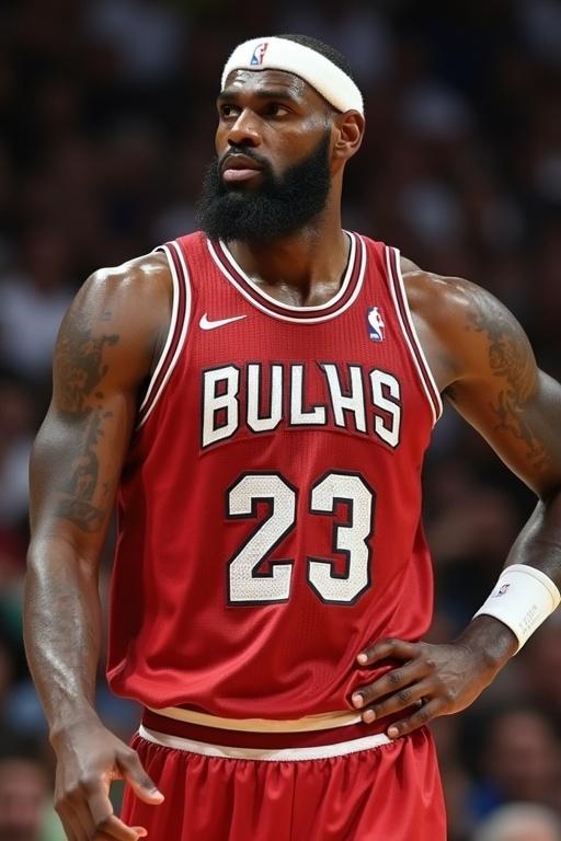 Image of an athlete wearing a red basketball jersey. The jersey features the number 23 and a bulls logo. The athlete is in a dynamic sports pose showing muscle definition. The attire connects to basketball culture while evoking inspiration and strength.