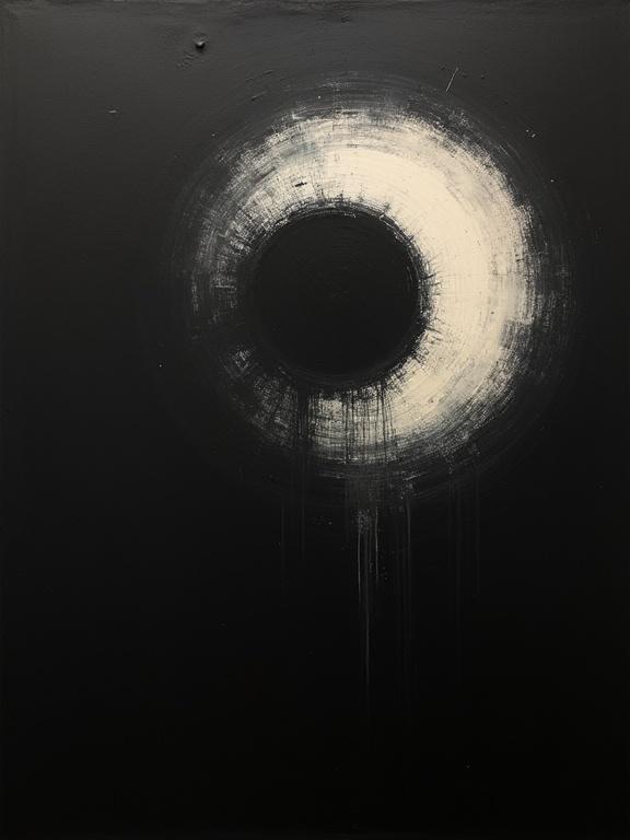 Ultra-high-contrast abstract oil painting features a massive eye silhouette on a deep black canvas. The pupil is a swirling Lovecraftian void in stark black and off-white. The style incorporates gritty noir elements with heavy chiaroscuro and subtle analog film grain.