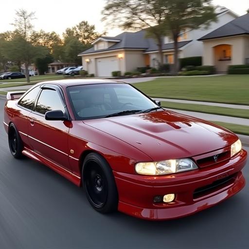 Red sports car in motion on suburban street. Evening light highlights the vehicle features. Houses visible in background.