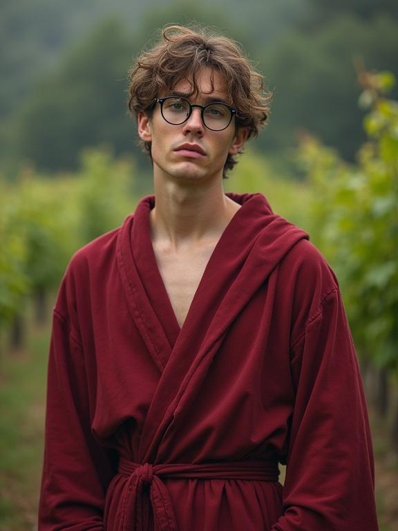 A young timid man in his early 20s wearing round glasses and a deep red robe stands in a vineyard. He appears worried and pensive, with a lush green background of vines and wine creation. The image is inspired by the style of Gerald Brom.