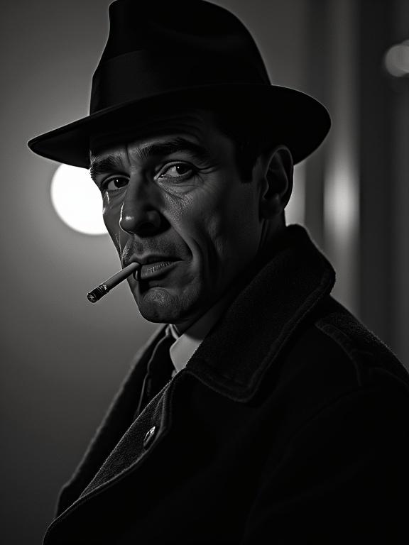 Pop-art style portrait of a man with a cigarette in his mouth wearing a fedora and trench coat. Captures a vintage noir vibe. Transparent background for versatility.