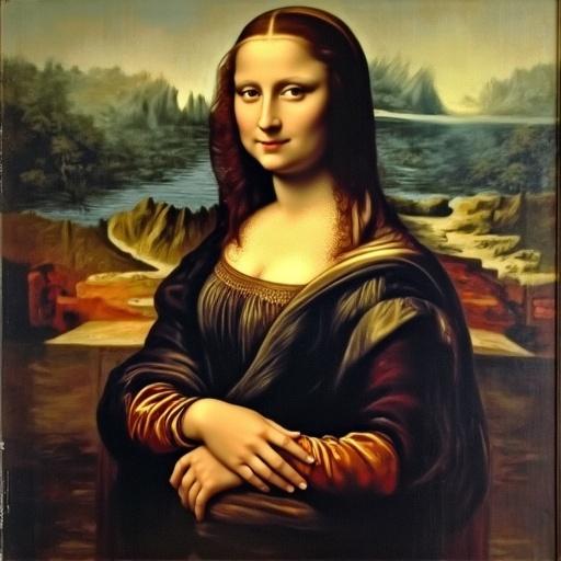 Mona Lisa dressed in skater attire. The iconic painting features the famous figure wearing skate style clothing. Her arms are crossed elegantly against a picturesque landscape. Traditional art meets modern fashion in this creative reinterpretation.
