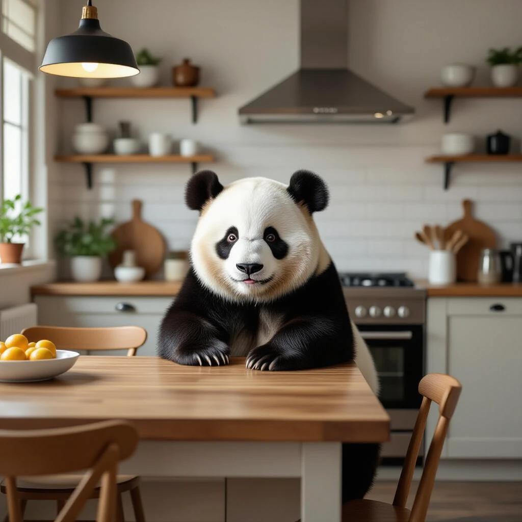 Panda sitting at a wooden table in a realistic kitchen. Modern kitchen with natural light. Green plants and fruit on the table. Cozy atmosphere with minimalistic decor.