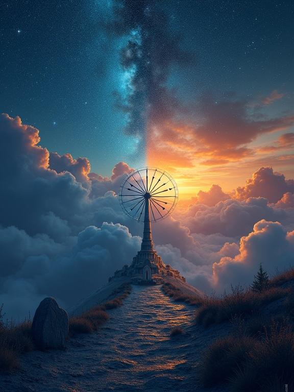A surreal landscape of a split sky showing day and night. A large compass wheel in the center with the sun setting behind clouds and stars emerging in the opposite side. A winding path leads up to the wheel.