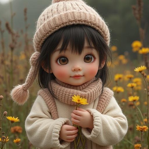 A whimsical portrait of a cute character in a hat with a flower. The character has large expressive eyes, a gentle smile, and is dressed in soft, cozy clothing amidst a field of flowers.