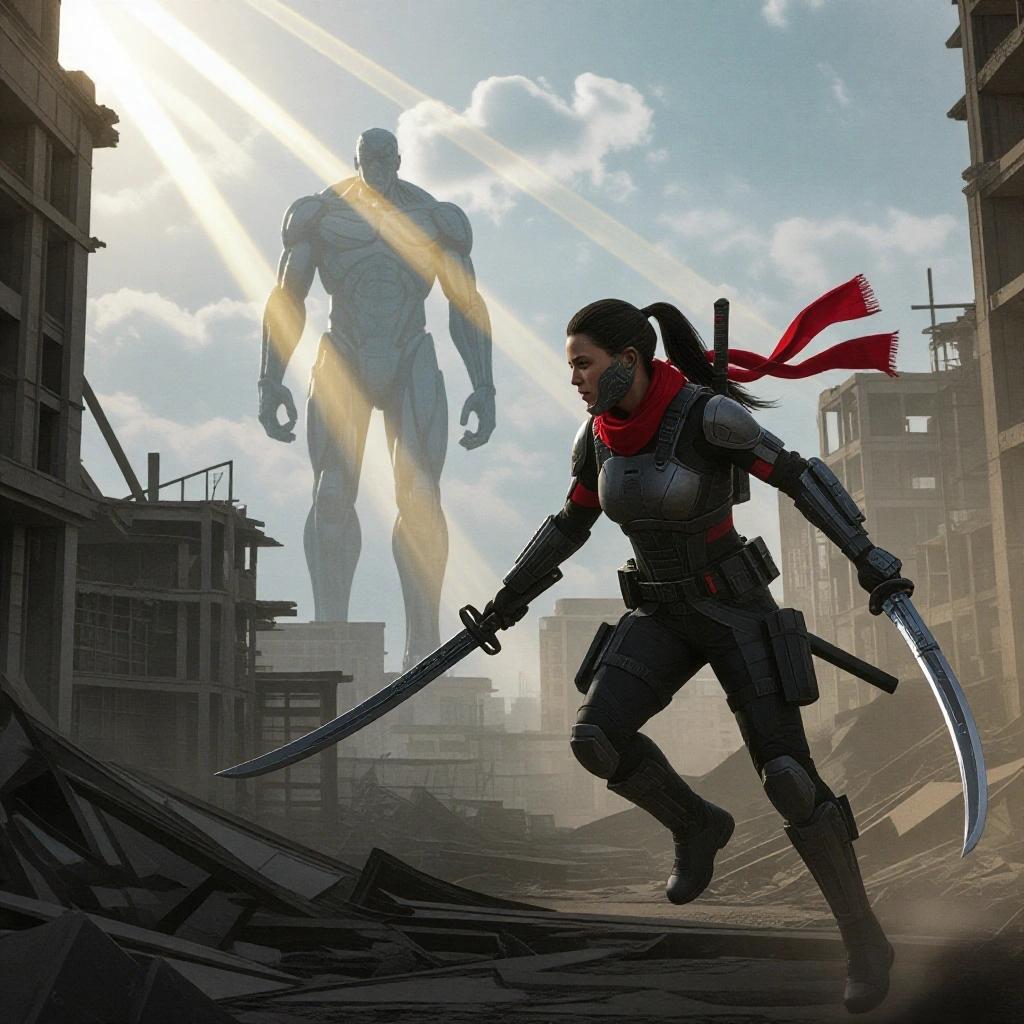 A female warrior in tactical gear with a red scarf. She is in a ruined city using advanced mobility equipment. She holds two curved swords aiming at a towering humanoid figure in the distance. The sky is cloudy with light beams piercing through. The atmosphere is tense with dust and smoke filling the scene.
