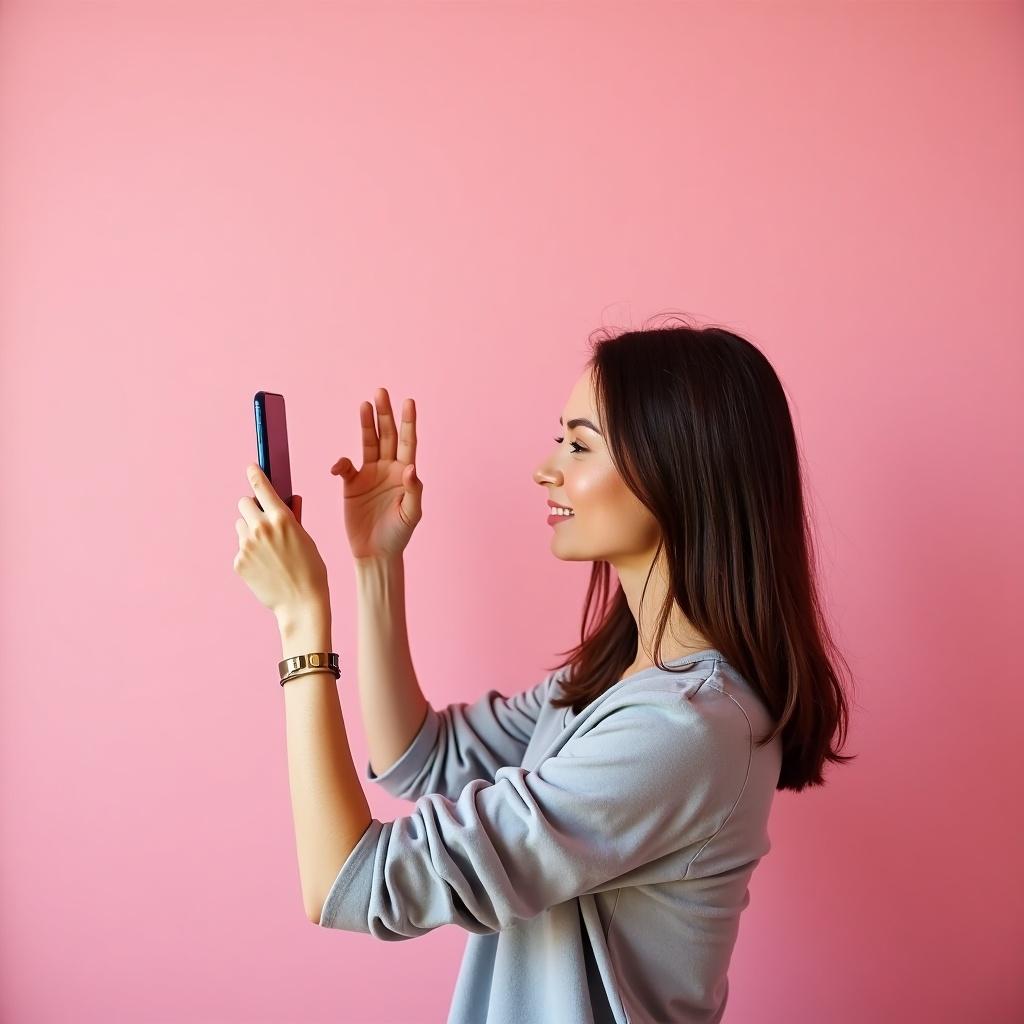 Woman takes a selfie in front of a pink wall holding a smartphone. She has a joyful expression and is looking at the camera. Hair is down and styled. Simple clothing adds to the casual vibe.