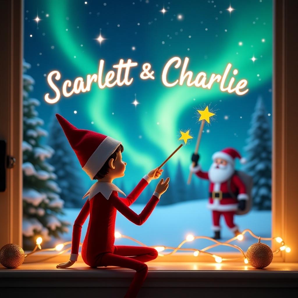 This enchanting image depicts an elf on the shelf sitting by a window, facing outward toward a magical Christmas scene. The elf, with its back to the viewer, is holding a magic wand and is elegantly writing in the night sky. In the background, there's a beautiful display of northern lights illuminating the snowy scenery, with Santa Claus in the distance. The names 'Scarlett & Charlie' are written in the sky, glowing softly. The overall atmosphere exudes festive magic, perfect for celebrating the holiday season.