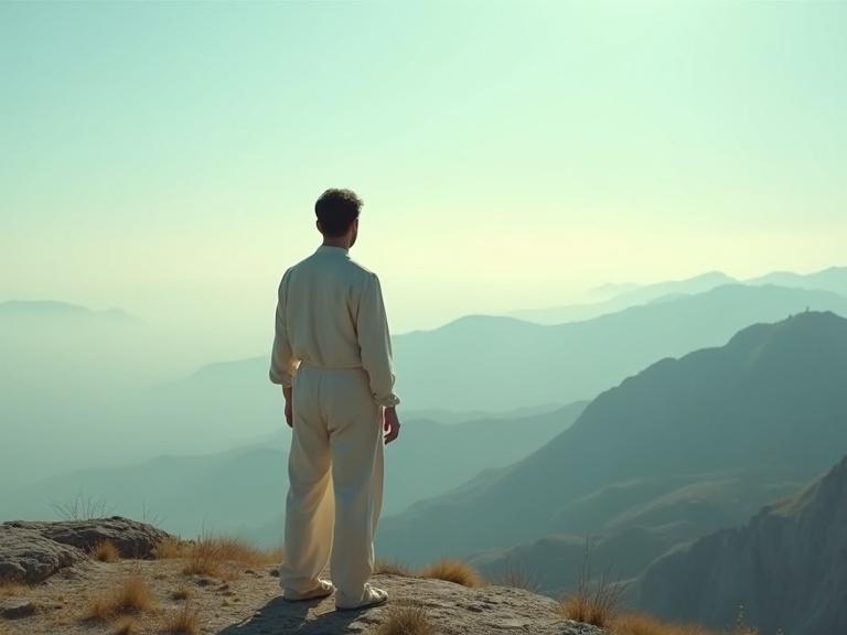 A simple person stands on a mountaintop. They look out over a vast landscape. The sky is clear. The scene reflects peace and freedom. The atmosphere is liberating and promising. Hyper-realistic and detailed.