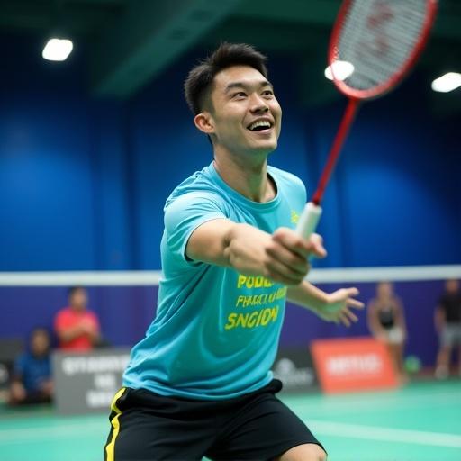 Photograph captures a man playing badminton indoors. He wears a light blue t-shirt with yellow text and black shorts with yellow stripes. He holds a red and white badminton racket mid-swing. His expression is focused and energetic. The scene is set in a sports facility with blue walls and fluorescent lights. The background shows other players engaged in action. The image conveys the atmosphere of competitive play and athleticism.
