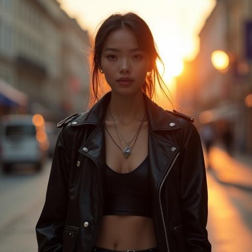 Confident stylish young woman walking through futuristic European city street at sunset. She wears glossy black techwear with a crop top and jacket. She has a unique neck tattoo that is a geometric glyph or triangle symbol. The setting features soft lighting and high detail.