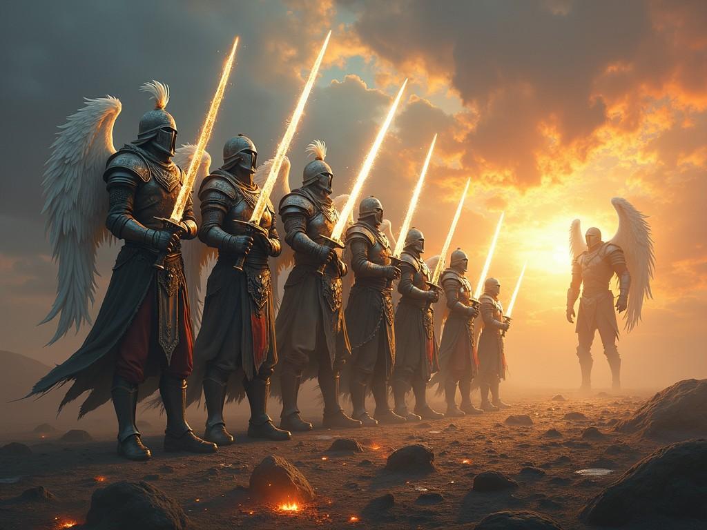 The image portrays a dramatic scene of angelic knights clad in ornate armor standing against a golden sky. Each figure is equipped with luminous swords, and feathered wings are prominently showcased. The setting suggests a celestial battleground, with the orange and yellow hues of a setting sun casting a warm glow over the scene, enhancing the ethereal and majestic atmosphere.