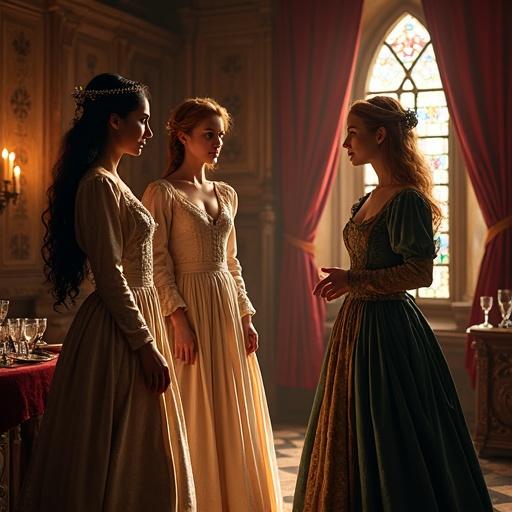 Medieval chamber with noblewomen. Elegant gowns made of luxurious fabrics. Warm candlelight illuminates the chamber. Stained glass windows create colorful patterns. Women engage in dignified conversation. Richly decorated setting features wooden panels and velvet drapes.