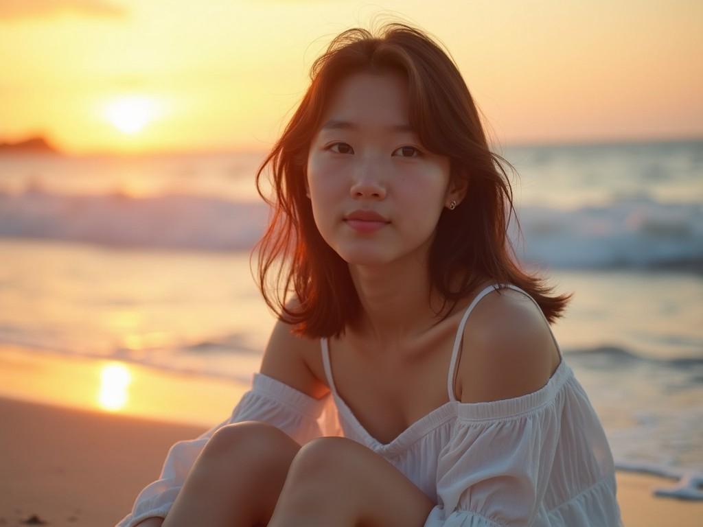 This image captures a young woman sitting on the beach at sunset. She has a serene expression on her face, reflecting a moment of relaxation and peace. The warm sunlight enhances the natural beauty of her features. The waves can be seen gently rolling in behind her, creating a calm and inviting atmosphere. Her off-shoulder top adds a touch of elegance to the beach setting, and the overall scene evokes feelings of tranquility and joy.