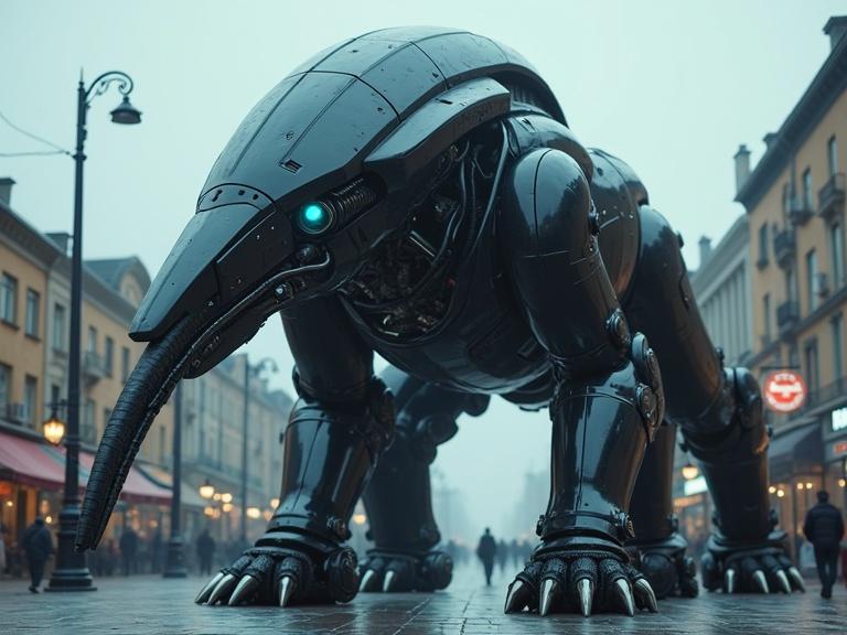 Create a large dark cinematic scene featuring a giant sci-fi robot resembling an animal. The robot is black and silver with sleek, smooth metallic surfaces and detailed features. It has six legs, small head, and elongated snout with two long metallic tusk blades. The setting includes a town plaza with shops, people walking, light poles, and signs in a cloudy atmosphere with a dark blue filter.