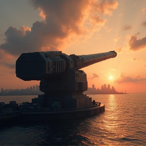 Cinematic view of a large black cannon on a rotating platform. Island setting with a city skyline in the background. Sunset colors and dramatic clouds enhance realism. Dark silhouette against the vibrant sky.