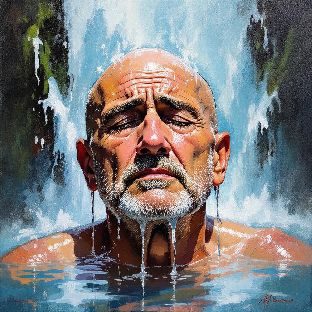 An old bald man stands under a waterfall with water cascading down. The surrounding area features vibrant nature elements creating a serene atmosphere. The artwork depicts the beauty of aging and connection to nature through an oil painting technique.