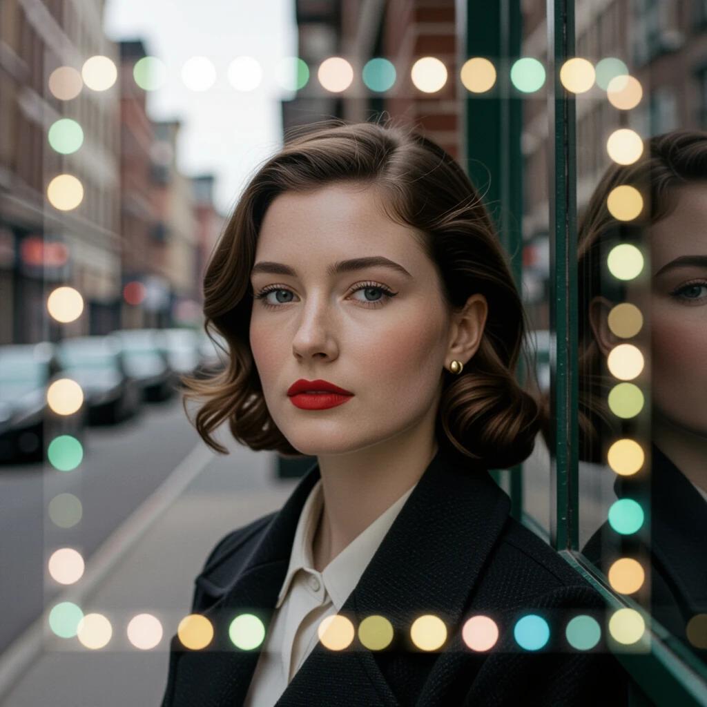 Beautiful woman portrait captured on a street. Shot through glass using a Leica IIIc. Highlights and artifacts present. Subtle pre-war tension in posture. Frame details crop the forehead in the mirror reflection. Highlights on cheekbones slightly overexposed. The right edge has a darker vignette due to sunlight position.