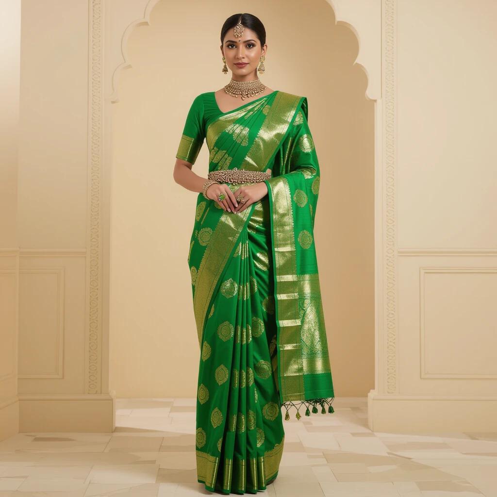 A woman wears a vibrant green saree with intricate designs. The saree features gold accents and a matching blouse. Styled with a waist chain and accessories. The background is elegant and minimalistic.