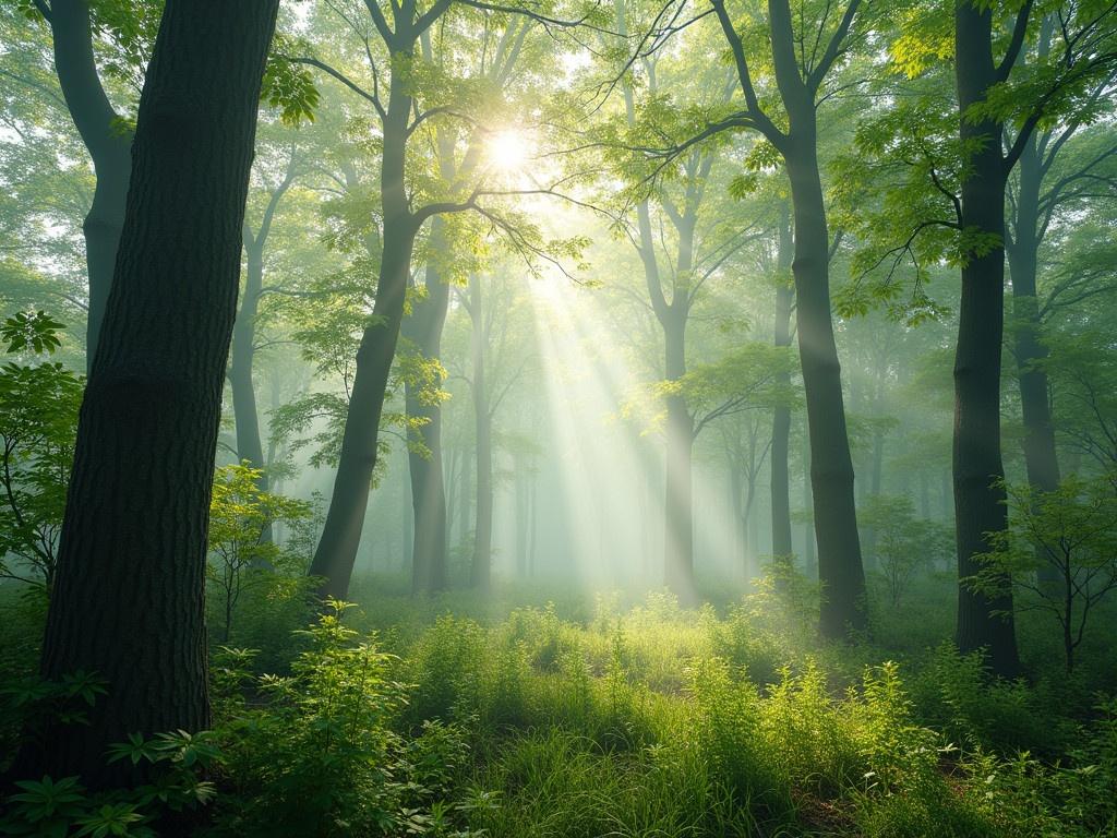 A beautiful nature scene in the morning within a misty spring forest. The sunlight filters through the dense treetops, creating a serene and peaceful atmosphere. The vibrant greens of the leaves contrast against the soft mist, enhancing the freshness of the spring air. Looking up, the towering trees stretch high towards the sky, their branches adorned with new foliage. The gentle light adds a magical quality, inviting viewers to appreciate the beauty of nature.