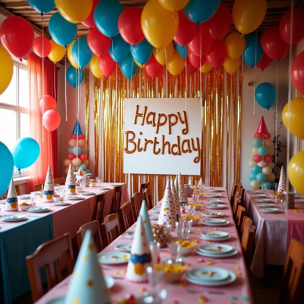 A vividly decorated birthday party room with balloons, banners, and festive table settings. The center displays a 'Happy Birthday' sign. Colorful decorations create a joyous atmosphere.