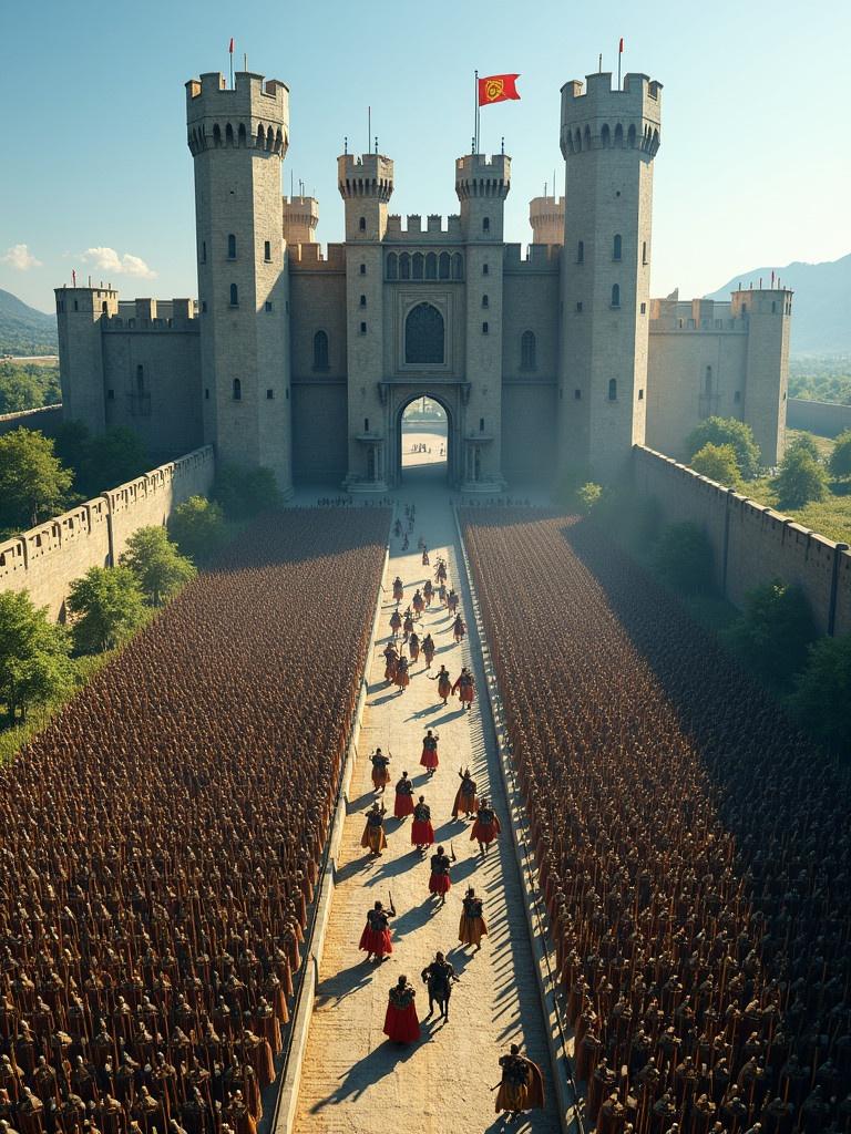 Aerial view of a colossal medieval castle. Towering spires and grand gates are visible. An expansive army in formation is showcased. Rows of armored soldiers with spears extend into the landscape. Glistening sunlight reflects off polished armor. Vibrant banners flutter above. Commanders on horseback issue orders. Sentries line the castle walls. Clear blue sky enhances the scene's majesty.