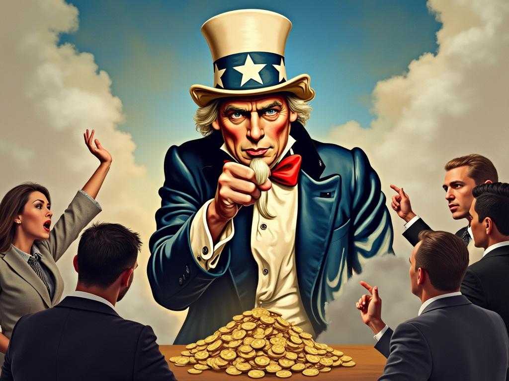 Artwork features giant Uncle Sam with Donald Trump's face shaking people upside down. Uncle Sam is dumping cryptocurrency coins into his hand while people in suits express emotion.