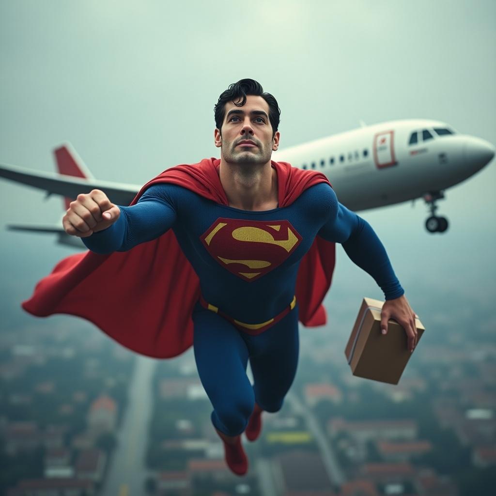 Superman figure soaring through the sky with an airplane in the background. One hand is flying fist first and the other hand holds a parcel. The scene set in a rainy environment.