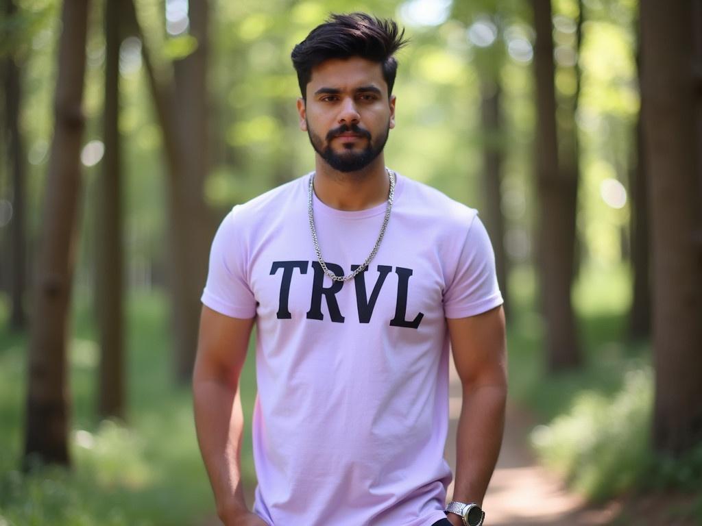 The image shows a man in a serene forest setting. He is wearing a light purple t-shirt with the word 'TRVL' printed on it. He has accessorized with a silver chain and a wristwatch. The background features tall trees with sunlight filtering through their leaves, creating a peaceful atmosphere. The man is standing casually with one hand in his pocket and a confident demeanor, blending well with the natural surroundings.