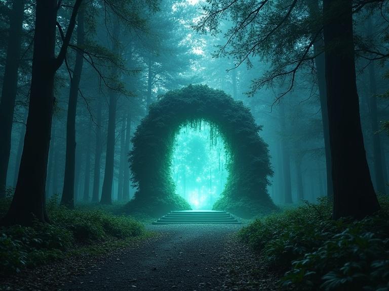 A mystical energy portal surrounded by lush greenery in a foggy forest. The portal radiates a glowing light, creating a magical atmosphere.