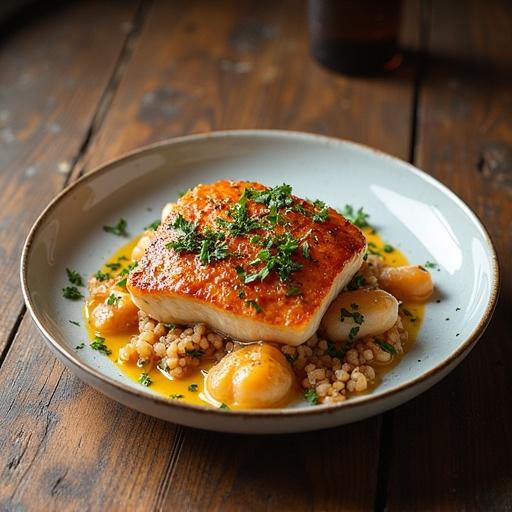 Dish with grilled fish served on a plate. Accompanied by vegetables and grains. Fresh herbs garnish the top. Rustic wooden table setting.