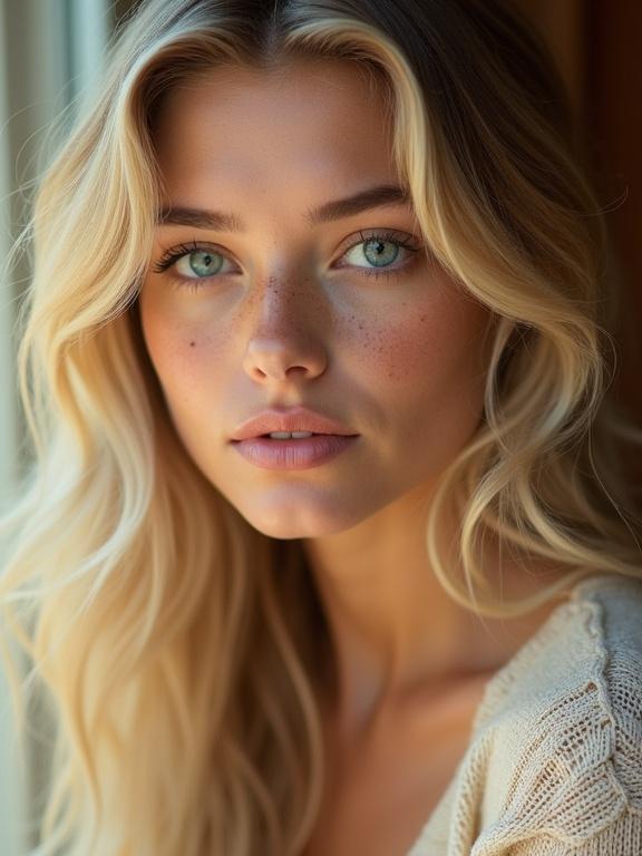 Close-up portrait of a young woman with long blonde hair and turquoise-blue eyes. She has a smooth, fair complexion with freckles. Wearing a light beige knitted sweater, she gazes softly at the camera, radiating confidence. Natural warm lighting highlights her features and creates a serene atmosphere. Background is softly blurred.