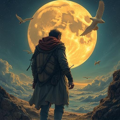 A figure stands on a rocky landscape facing a massive moon. Clouds surround the moon. Birds fly in the sky around the figure. The scene conveys mystery and adventure.
