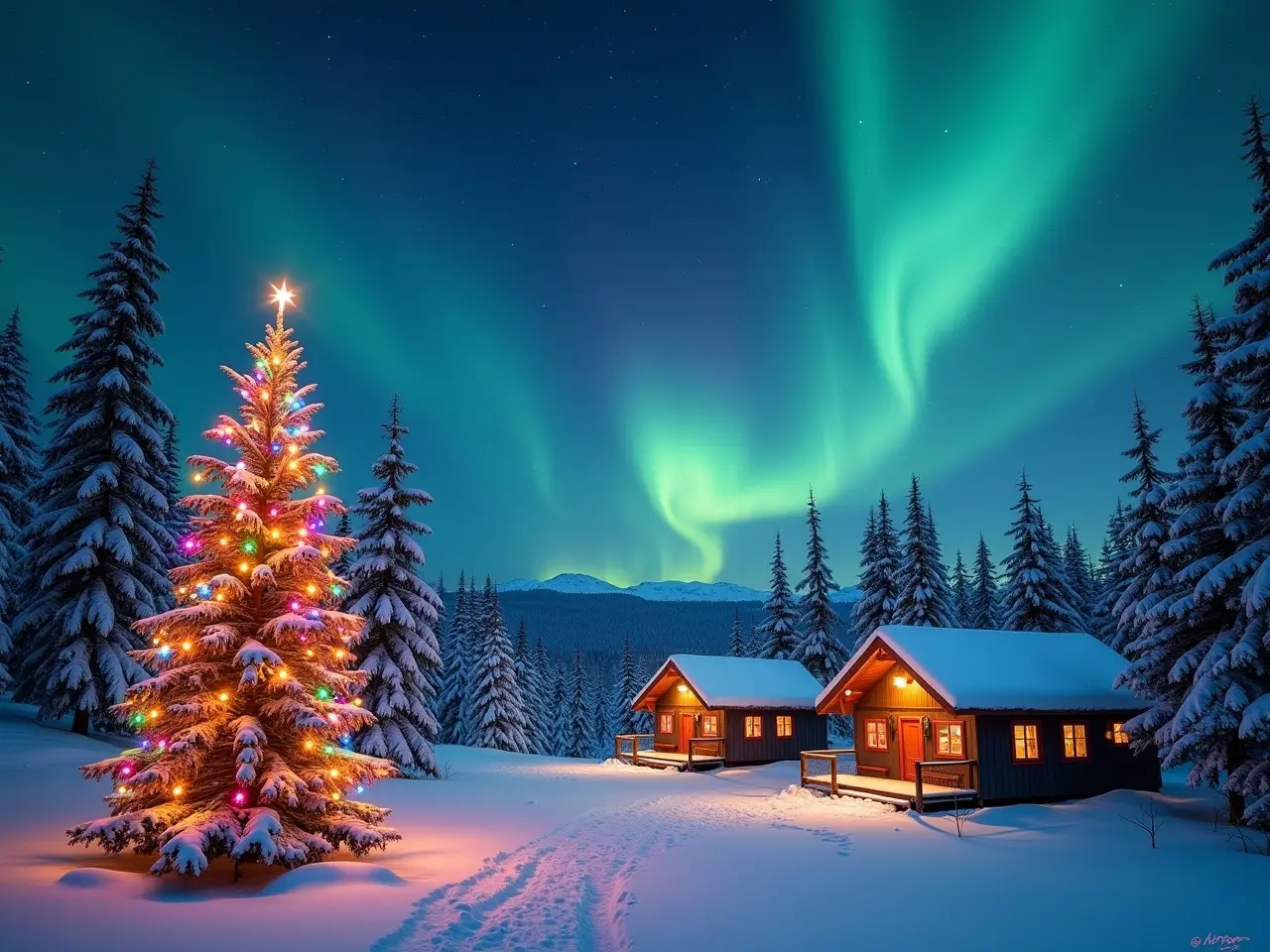 The scene features a snowy landscape under a starry sky illuminated by the northern lights. In the foreground, a decorated Christmas tree stands prominently, adorned with colorful lights and shiny ornaments. Nearby, cozy cabins emit warm light from their windows, creating a welcoming atmosphere. Snow-covered pine trees surround the area, adding to the winter wonderland vibe. The entire setting is peaceful, evoking a sense of holiday cheer and warmth.