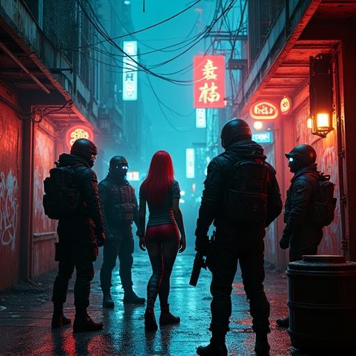 Cinematic cyberpunk scene in a rainy city. Neon lights glow and reflect on wet asphalt. Armed mercenaries gather in an alley. A woman with red hair and a futuristic gun stands with them. Some wear cybernetic masks and visors. Tension fills the air. Neon signs in kanji. Rusted metal structures and tangled wires surround them. Holograms flicker in the background. Sparks from a barrel fire light their faces. Graffiti decorates the walls. Vivid contrast and volumetric fog present. Highly detailed concept art.