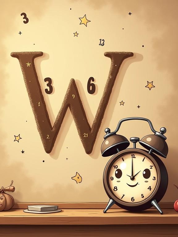 Charming cartoon illustration of a warm beige chalkboard with a playful letter 'W' drawn in deep brown chalk with clock-like eyes. Vintage alarm clock with a smiling face next to it. Floating chalk-drawn numbers and tiny stars included. Cozy sepia tones and soft chalk textures.