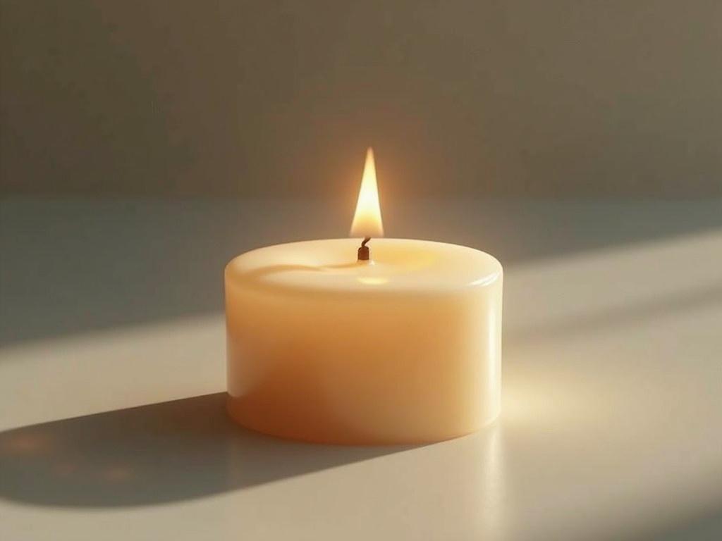 The image features a lit candle resting on a smooth surface. The candle is round and creamy beige in color, giving it a warm appearance. A small flame flickers at the top, emitting a soft glow. Surrounding the candle is a subtle play of light and shadow, enhancing its three-dimensional look. The background is blurred and color-shifted, focusing on the candle as the main subject. This serene scene evokes feelings of calmness and tranquility, perfect for meditation or a cozy atmosphere.