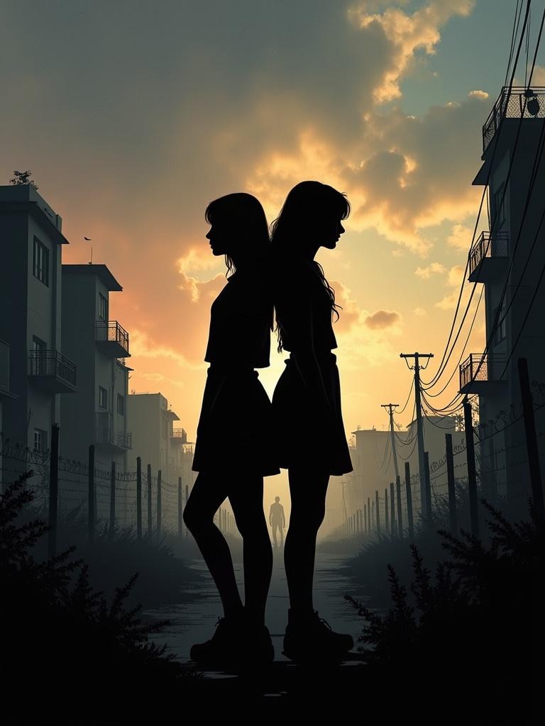 Two teen girls stand back to back silhouetted against a fiery sky. Crumbling buildings and barbed wire appear in the background. The atmosphere is dark and moody.