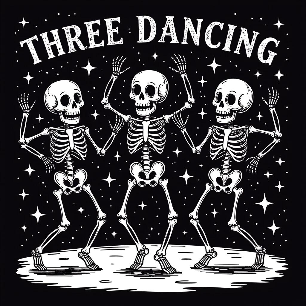 Three skeletons in playful dance positions. Skeletons drawn in vintage style with white ink. Black background filled with sparkles and stars. Hand-drawn texture with grunge details. Suitable for Halloween themes and apparel.