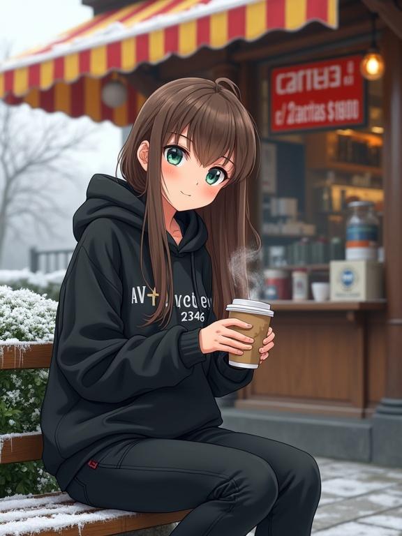 A young woman sits on a bench in front of a coffee shop. She has long brown hair and is wearing a black hoodie. The coffee shop has a striped awning. The woman holds a warm coffee cup. The day is frosty with some snow. The background has blurred coffee shop details. She is in a city park setting during winter.