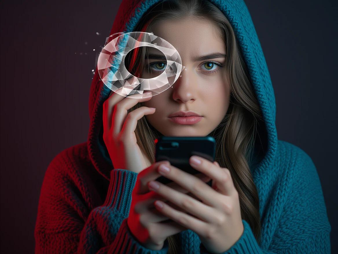Woman in a blue hoodie holding a phone. Dark red background creates a moody atmosphere. Focus on emotional themes like loneliness and well-being. Represents contemporary struggles.