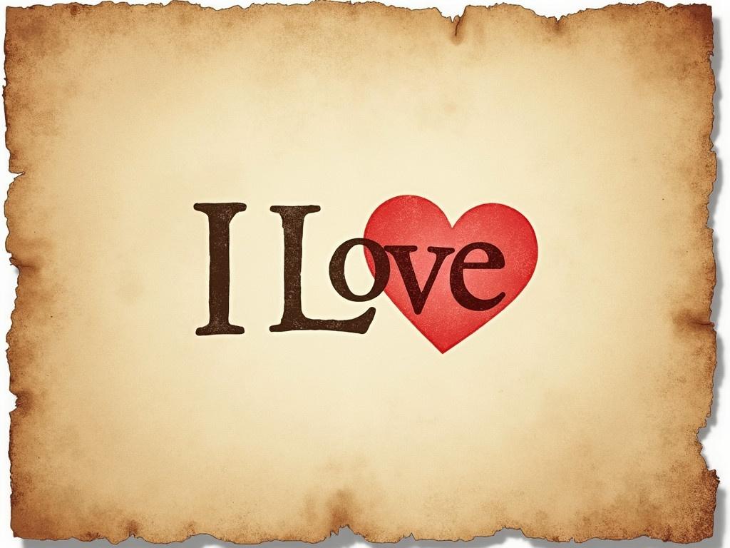 Create an old rustic paper background that conveys a vintage feel. The paper should look textured and slightly weathered. At the center, incorporate a classic 'I Love' phrase with an iconic red heart symbol. The text should be in a bold, dark font. The edges of the paper should appear torn and frayed to enhance the rustic look.