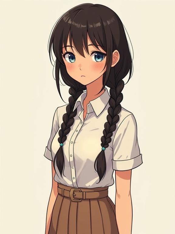 Full body portrait of a teenage girl. She has long dark brown hair in two braids. She wears a button-up blouse and a long skirt. The character has blue eyes and rosy cheeks. The style is soft with smooth lines and shading. Background is trendy and minimalistic.