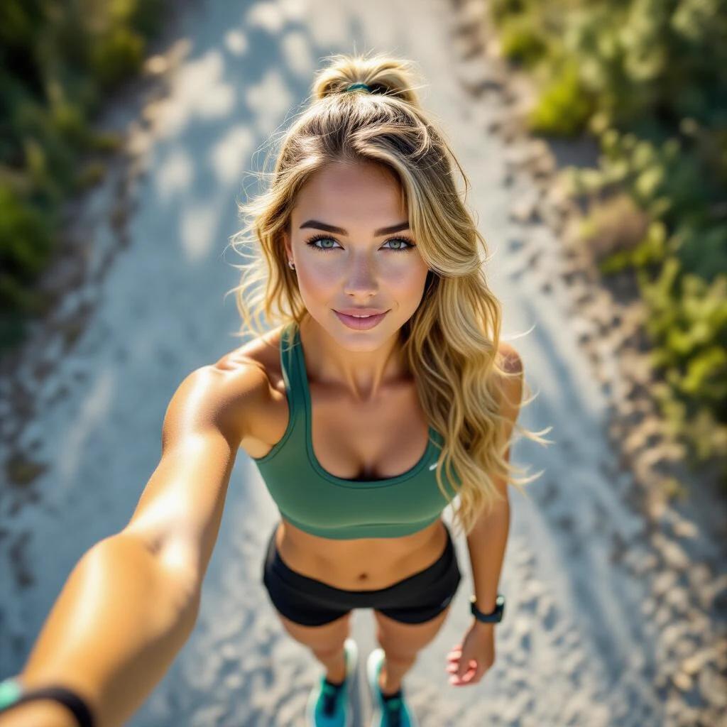 Sporty young woman with long wavy blonde hair takes a casual selfie from above. She wears a green sports bra, black athletic shorts, and running shoes. She stands on a sunlit gravel path. Scene is illuminated by sunlight; tree shadows are on the ground. Everything is in sharp focus; ultra-realistic colors; minimal editing.
