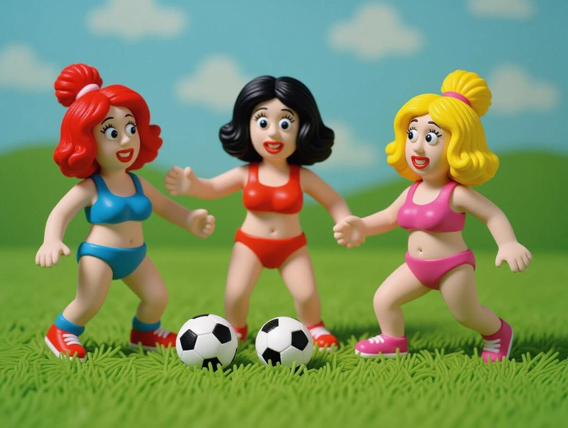 Three colorful rubber figures in swimsuits play football on green grass. Bright background with fluffy clouds. Fun and cheerful composition.
