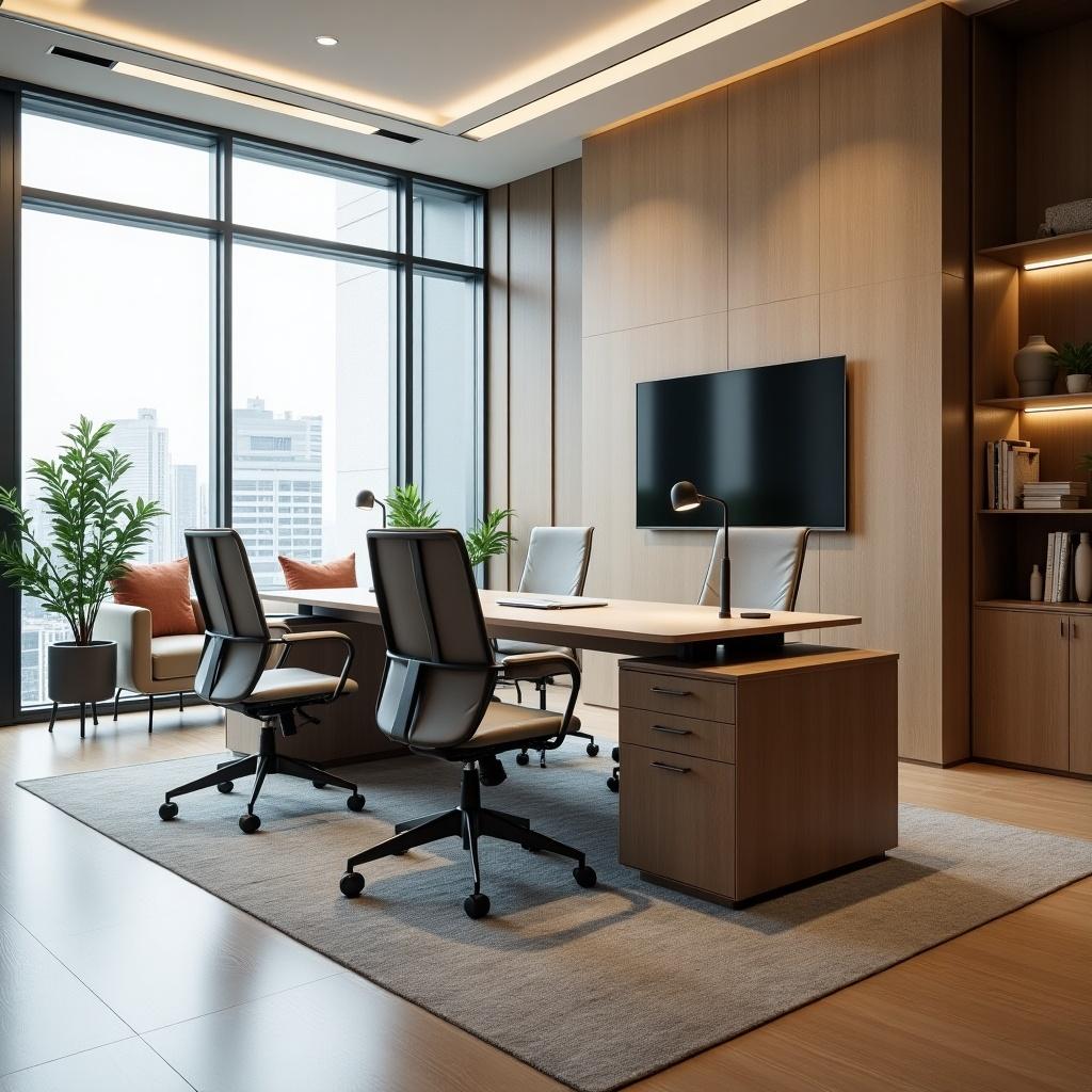 This image showcases a modern IT office with stylish furniture. The design features a sleek desk with ergonomic chairs, set against a backdrop of large windows. Natural light floods the room, enhancing the warm wood tones and soft furnishings. The space is thoughtfully arranged to promote a productive working environment. Plants add a touch of greenery, bringing life to the contemporary interior.