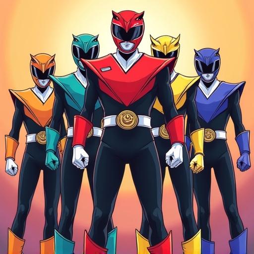 Group of Power Rangers in distinct colors. Each ranger wears a unique helmet and suit. Background has warm gradient hues. Illustration resembles popular anime styles such as Yu-Gi-Oh.