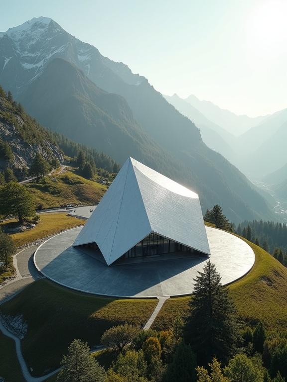 Photograph of a triakis tetrahedron form museum outdoors next to a mountain with a deck. The image captures a panoramic bird view of the setting, shot in fine grain film.