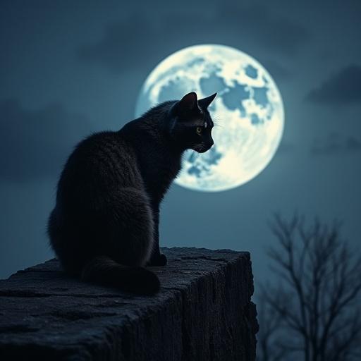 A cat sits on a rooftop at night gazing at a full moon. The moon glows brightly in the sky, and the atmosphere is serene and mysterious.